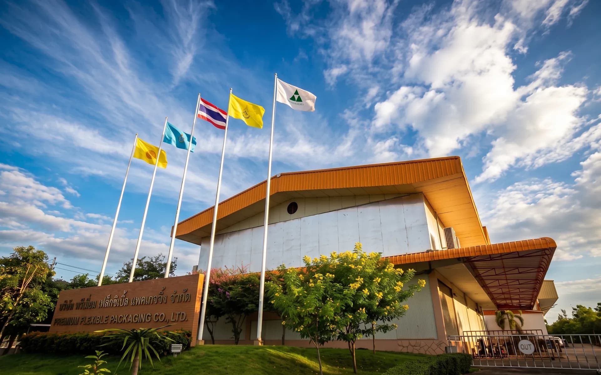 The Premium Flexible Packaging plant in Khao Yoi, Phetchaburi, with five flags in front of it