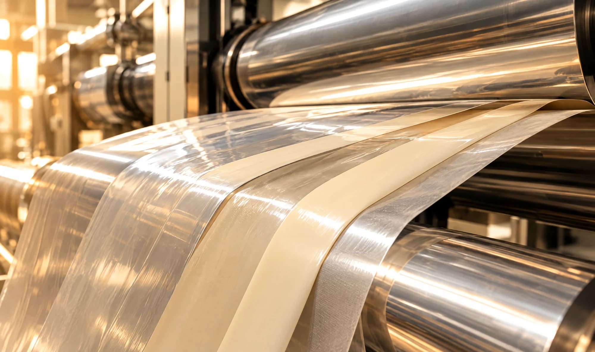 Illustration — film layers laminated between chrome rollers