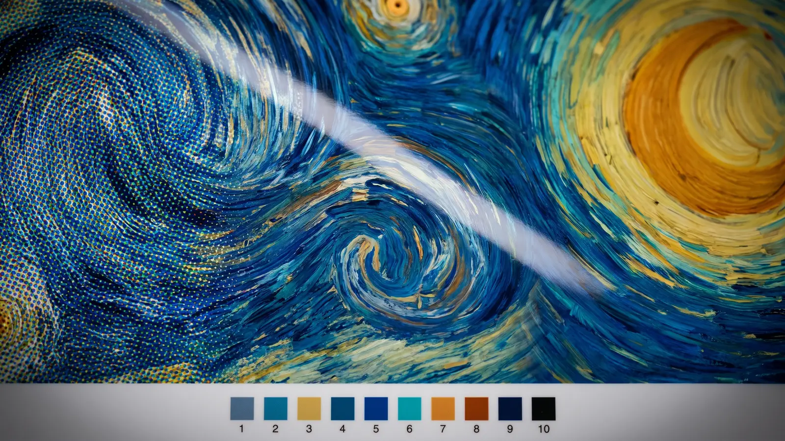 ภาพ Starry Night ของแวนโก๊ะ พิมพ์ขนาดใหญ่ มีแถบสีสิบช่องเรียงพร้อมตัวเลขอยู่ริมล่างของแผ่น และในเนื้อสีน้ำเงินเข้มจะเห็นหมึกแตกเป็นเม็ดกลมเรียงเป็นตาราง