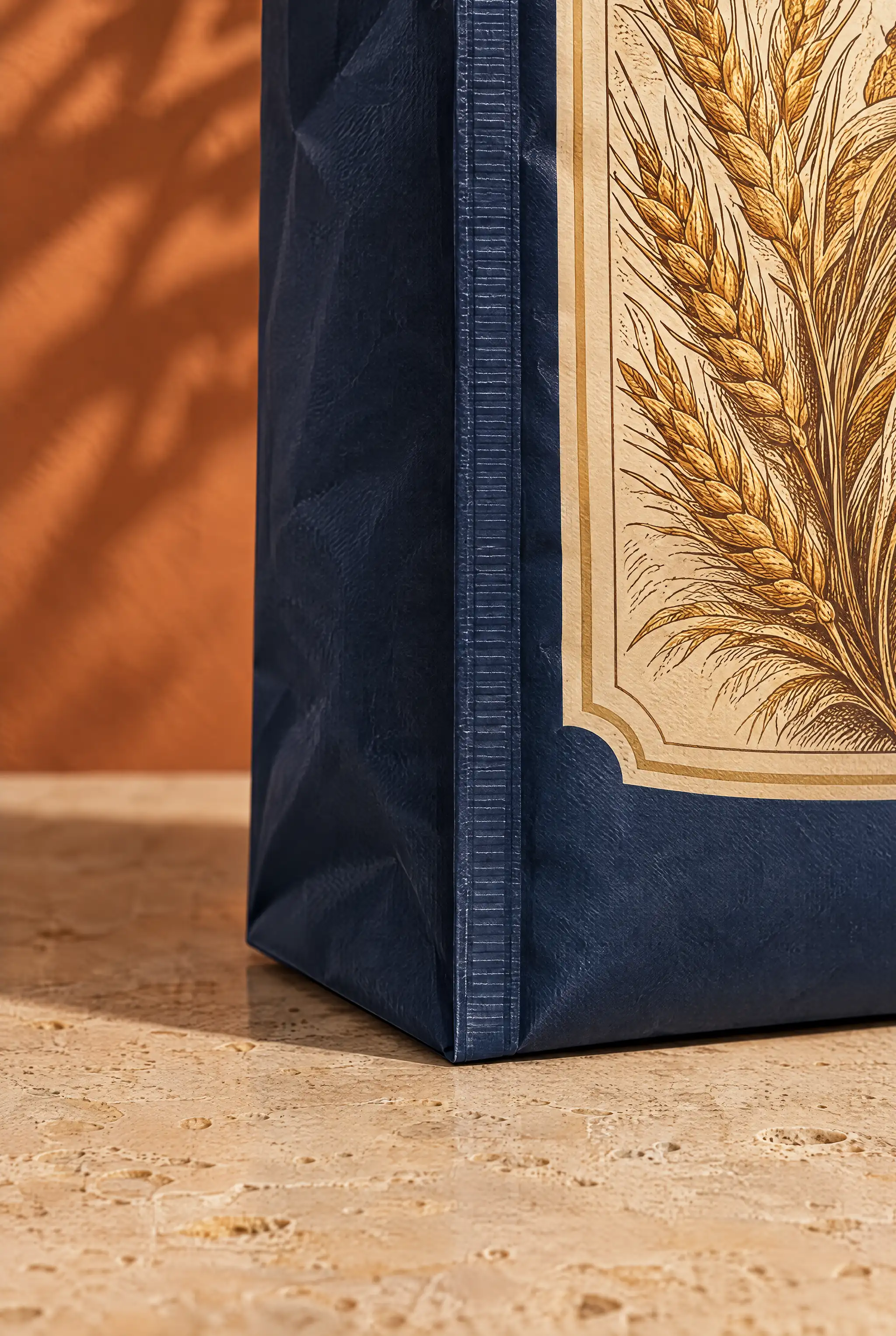 Macro view of a navy bag's lower corner, a finely ridged seal running straight down the edge where the printed front meets the folded side, ending at a flat, squared base.