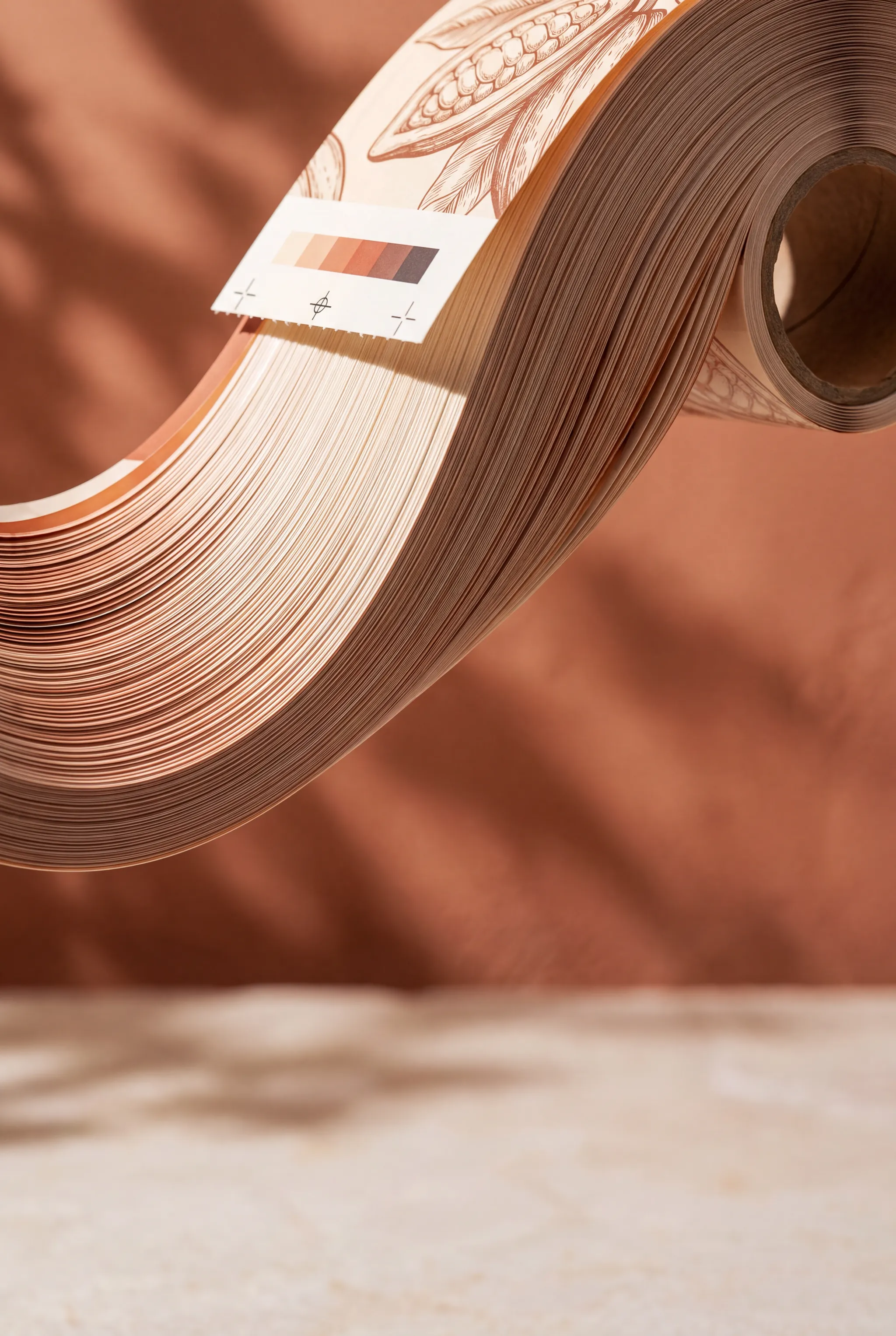 Macro view of the cut edge of a film roll, hundreds of wound layers stacked like the edge of a book, with the cardboard core beside them.