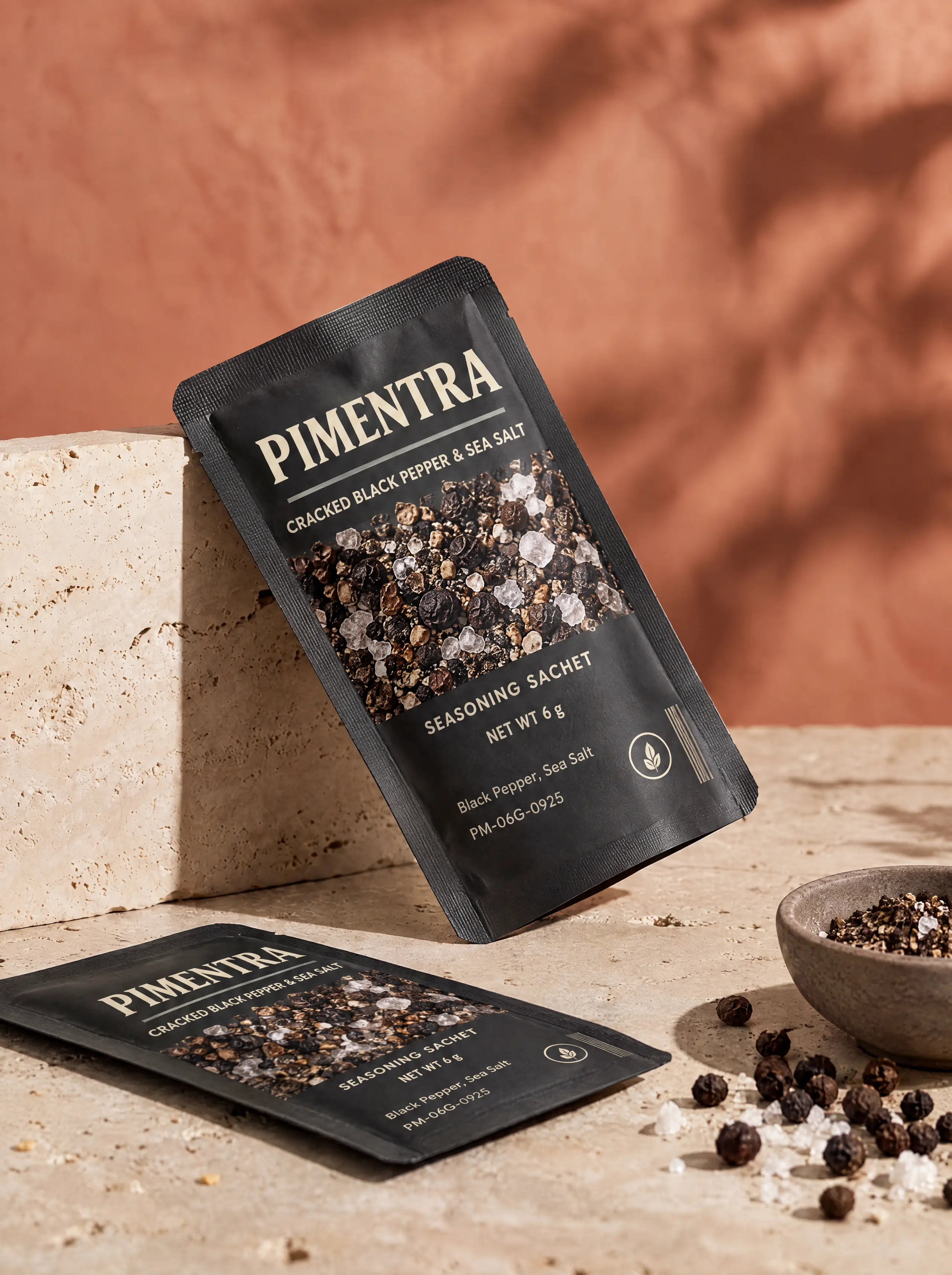 A small flat three-side-seal seasoning sachet printed charcoal with a photograph of cracked black pepper and sea salt, leaning back against a stone block with a second one lying flat in front of it.