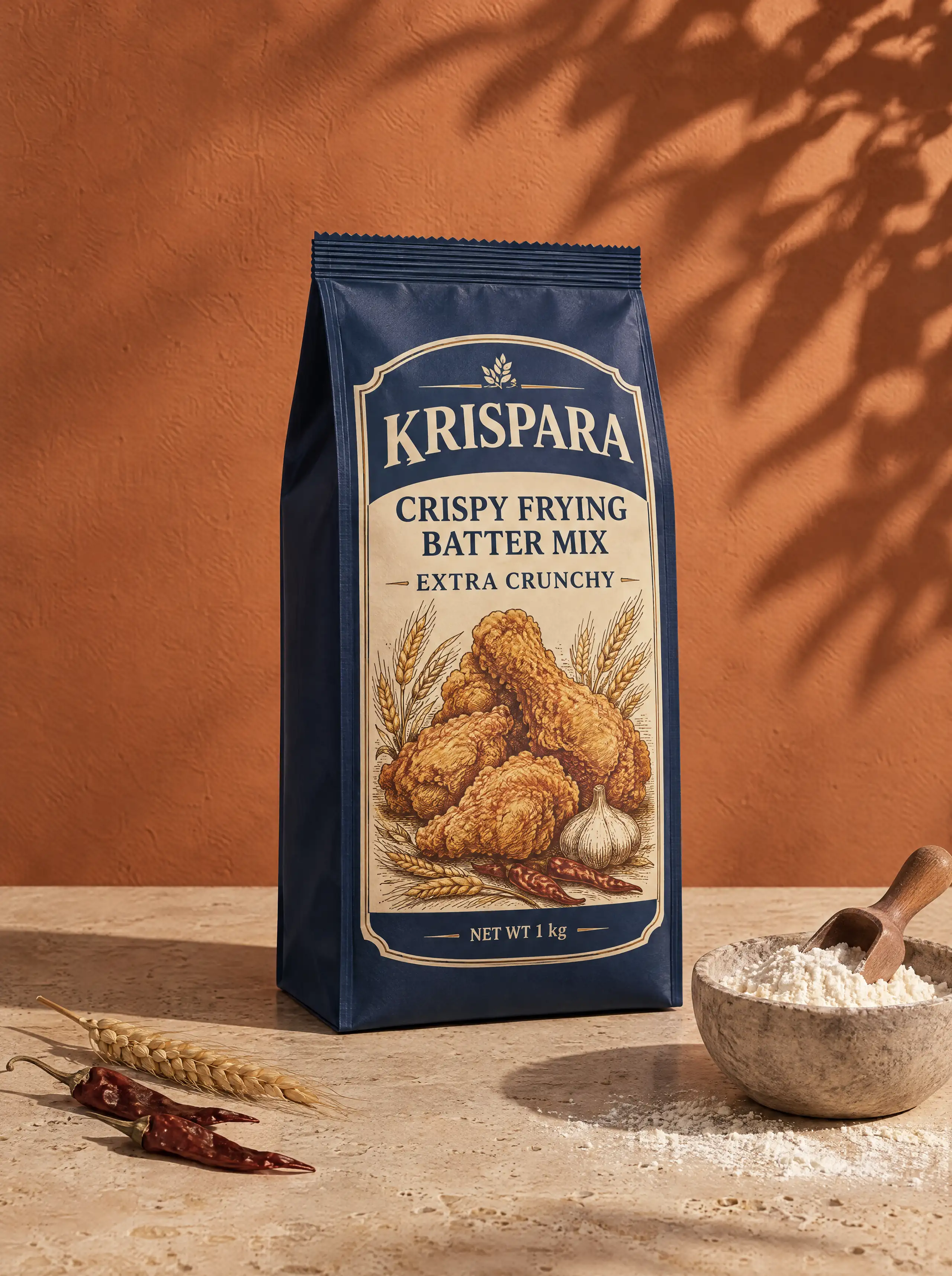 A navy bag of frying batter mix standing square on its flat base, a seal running down each corner and a plain navy side folded in, its cream label engraved with fried chicken, wheat and garlic, beside a stone bowl of flour.
