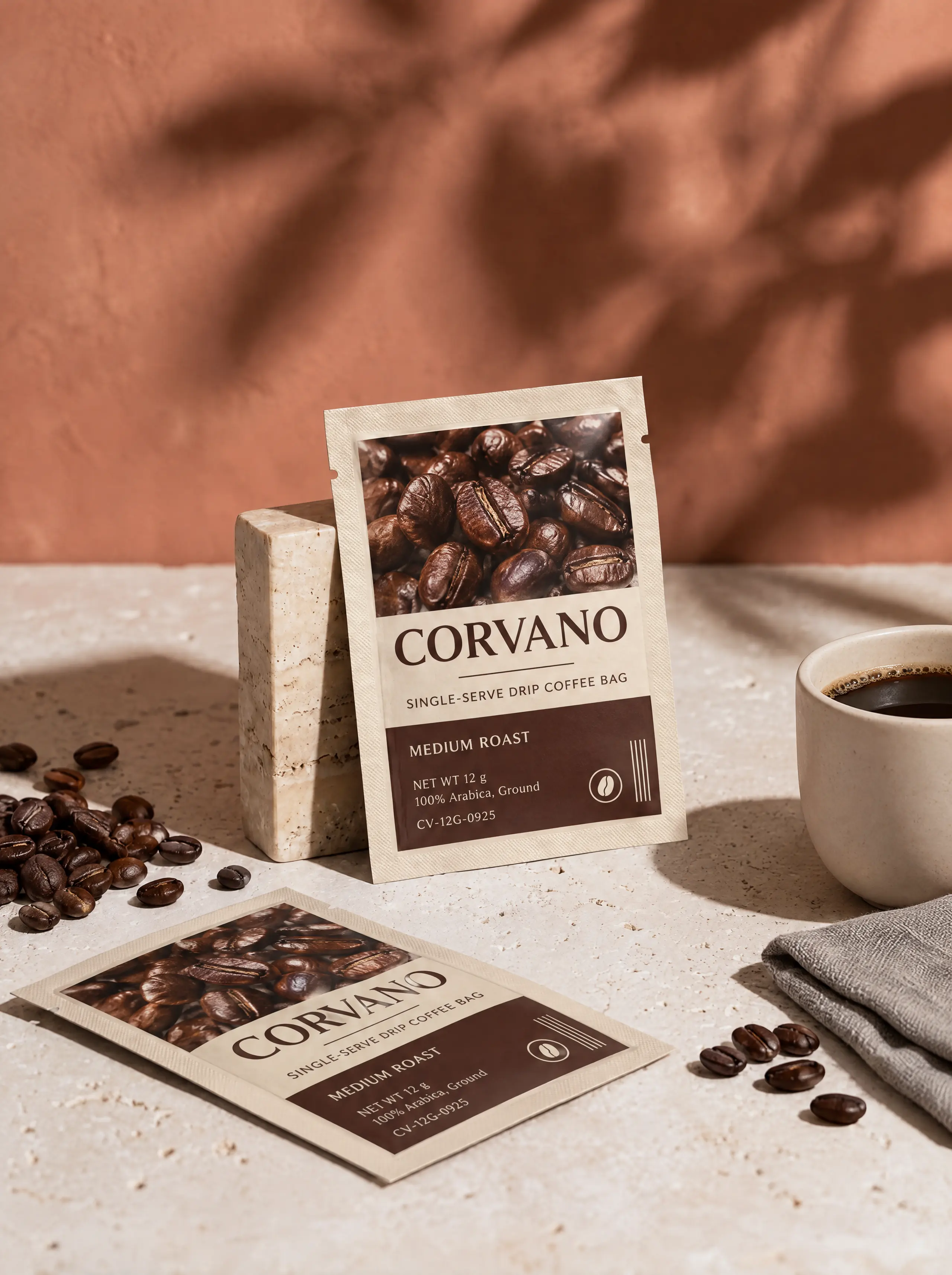A flat drip coffee sachet sealed along all four edges, printed oat-ivory with an espresso band and a photograph of roasted coffee beans, leaning against a stone block with a second sachet lying flat beside it.