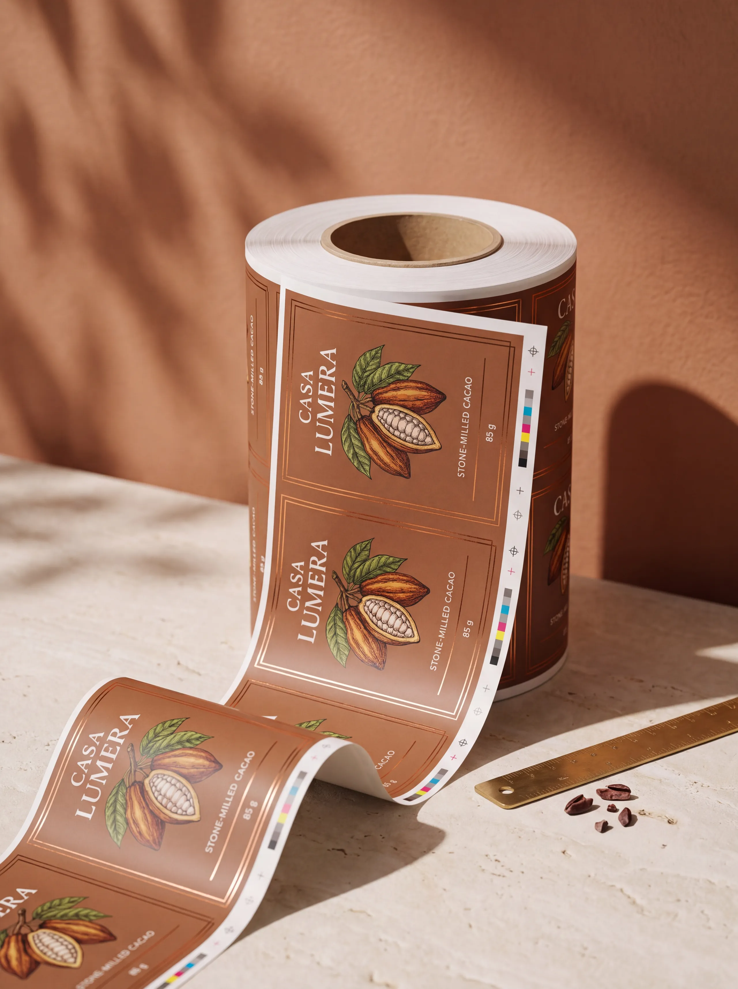 A roll of printed, laminated film standing on its core, a length of the web unwound to show the same design repeating with register marks and colour bars along the edge.