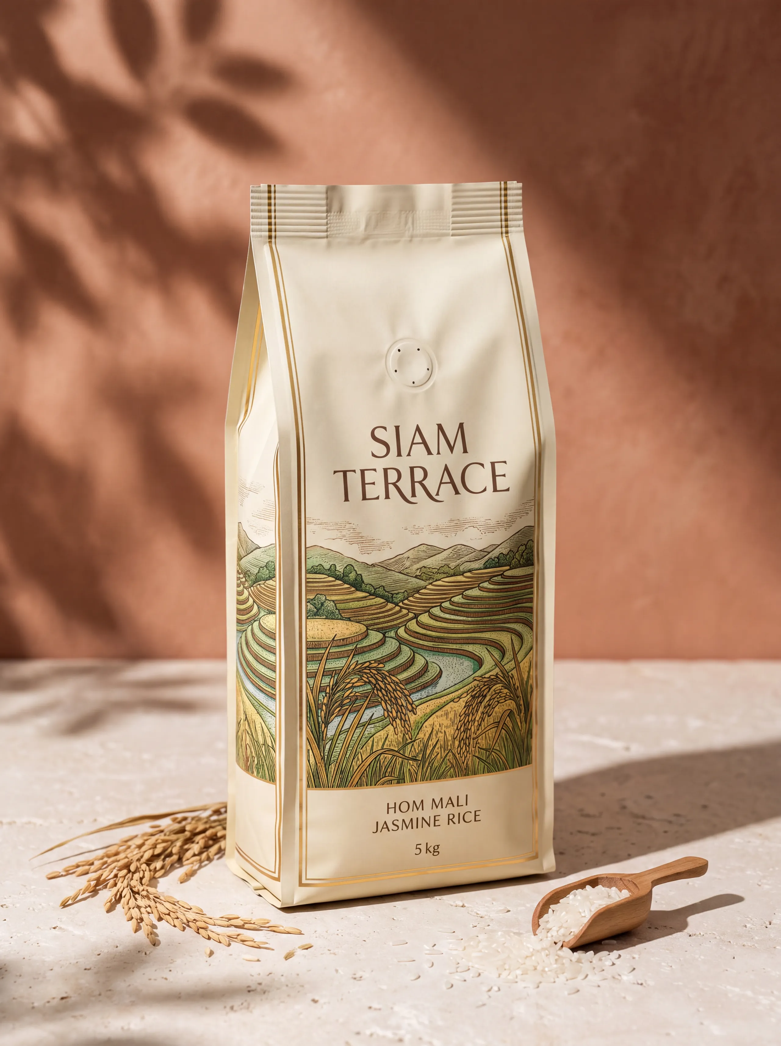 A tall side-gusset bag with pleats folded down both sides and a one-way degassing valve, printed ivory with a tiered rice-field design.