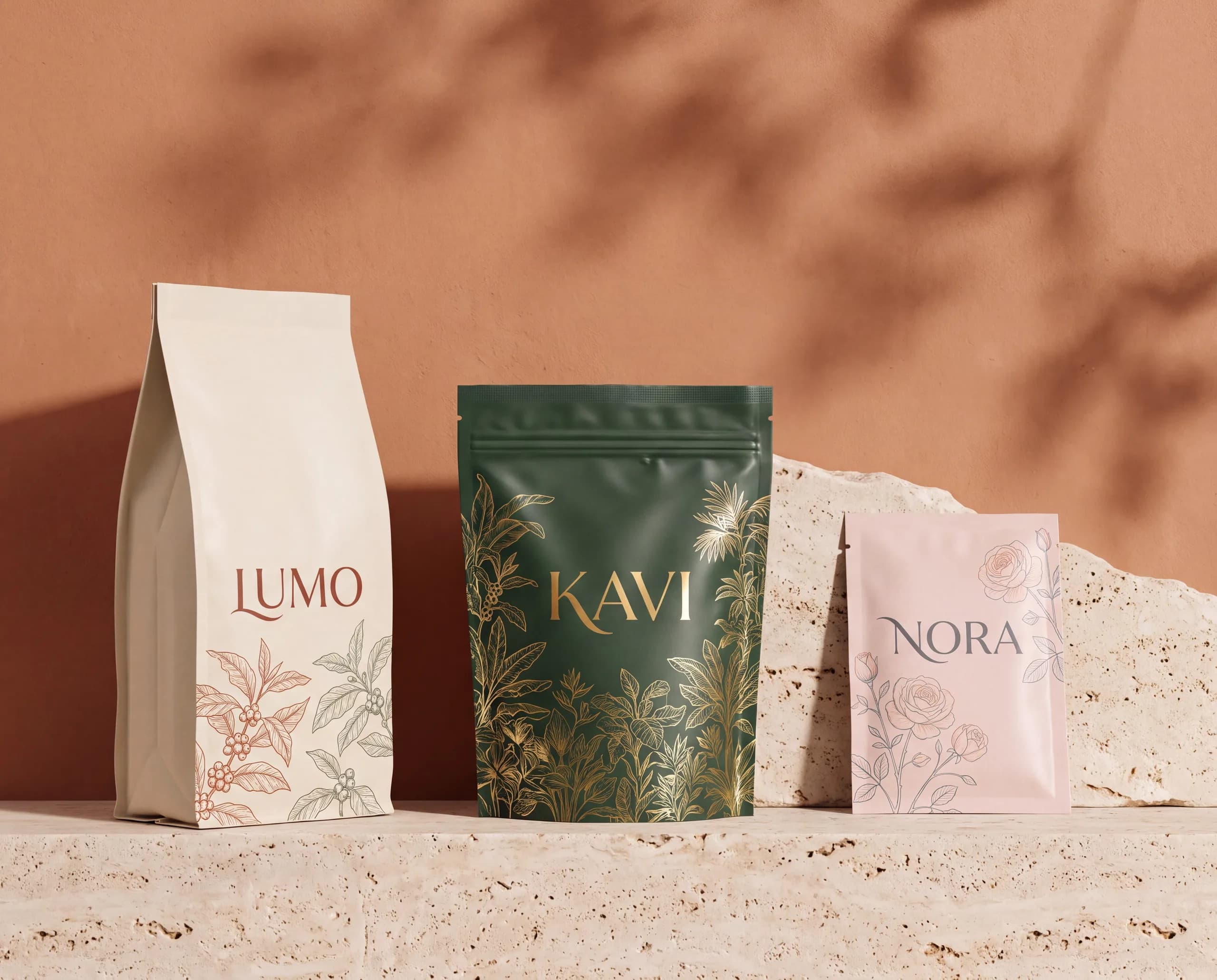 Three pouches from three different brands on a travertine ledge against a terracotta wall — a cream side-gusset coffee bag, a dark green stand-up pouch printed in gold, and a small pink sachet.