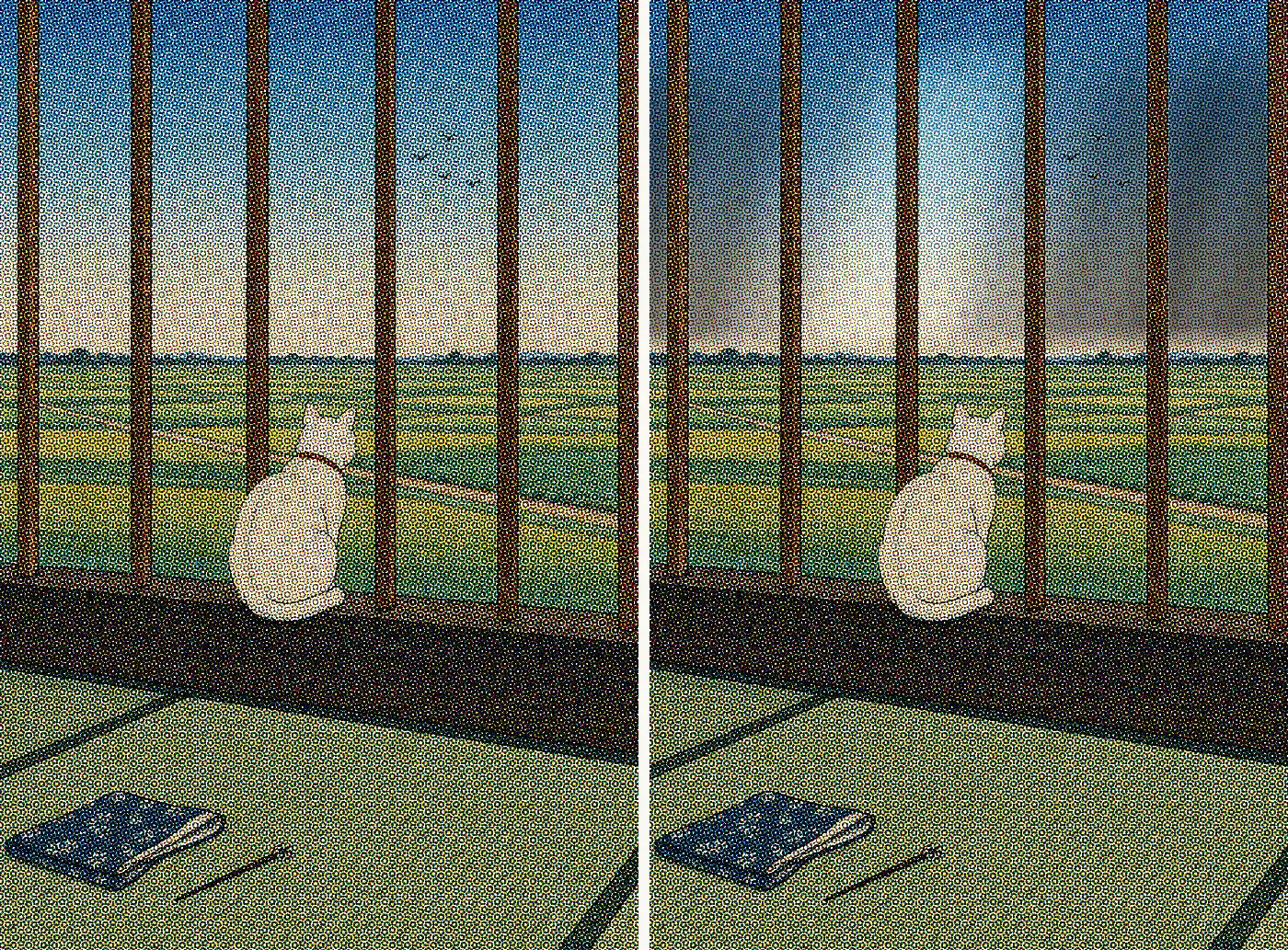 One print twice: on the left the sky is cream paper, on the right the same sky is the mirror surface of the film, showing through where no white was laid
